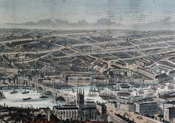 Active navigation on the Thames in the mid-19th century, in an engraving by Frederick James Smyth. Tall-masted ships crowd downstream, while barges and steamboats with smoking smokestacks are allowed to cross London Bridge.