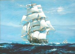 The "Ariel" and the "Taeping" contesting the Great Tea Race of 1866, depicted in a painting by Jack Spurling.