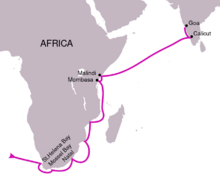 Navigation of Vasco de Gama first voyage, 1498.