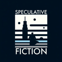 vampire, face of little green man, feather pen (quill) and fire-breathing dragon – to the right of that are scripted words "Speculative (over) Fiction"