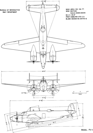 3-view line drawing of the Lockheed PV-1 Ventura