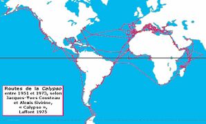 Routes of the Calypso, research ship of Commander Cousteau.